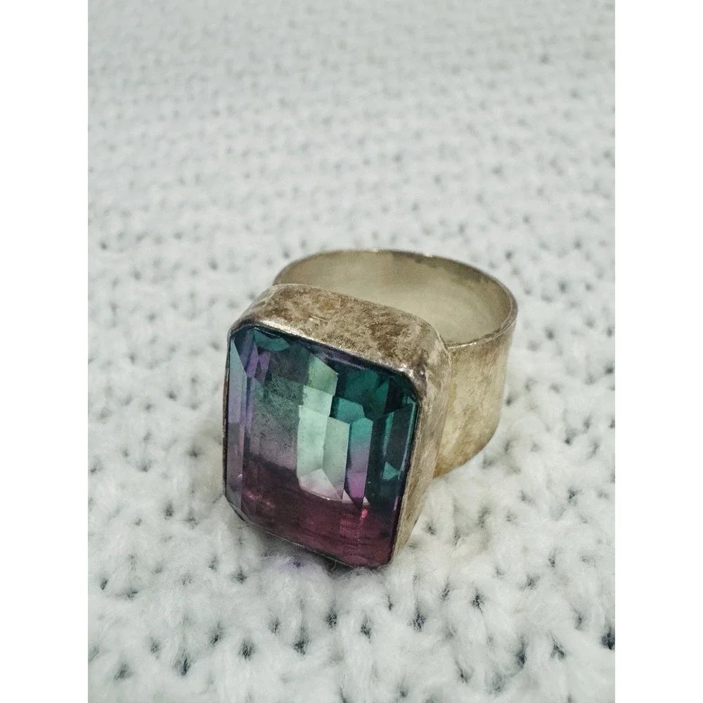 925 Sterling Silver Watermelon Glass Statement Ring Size 8